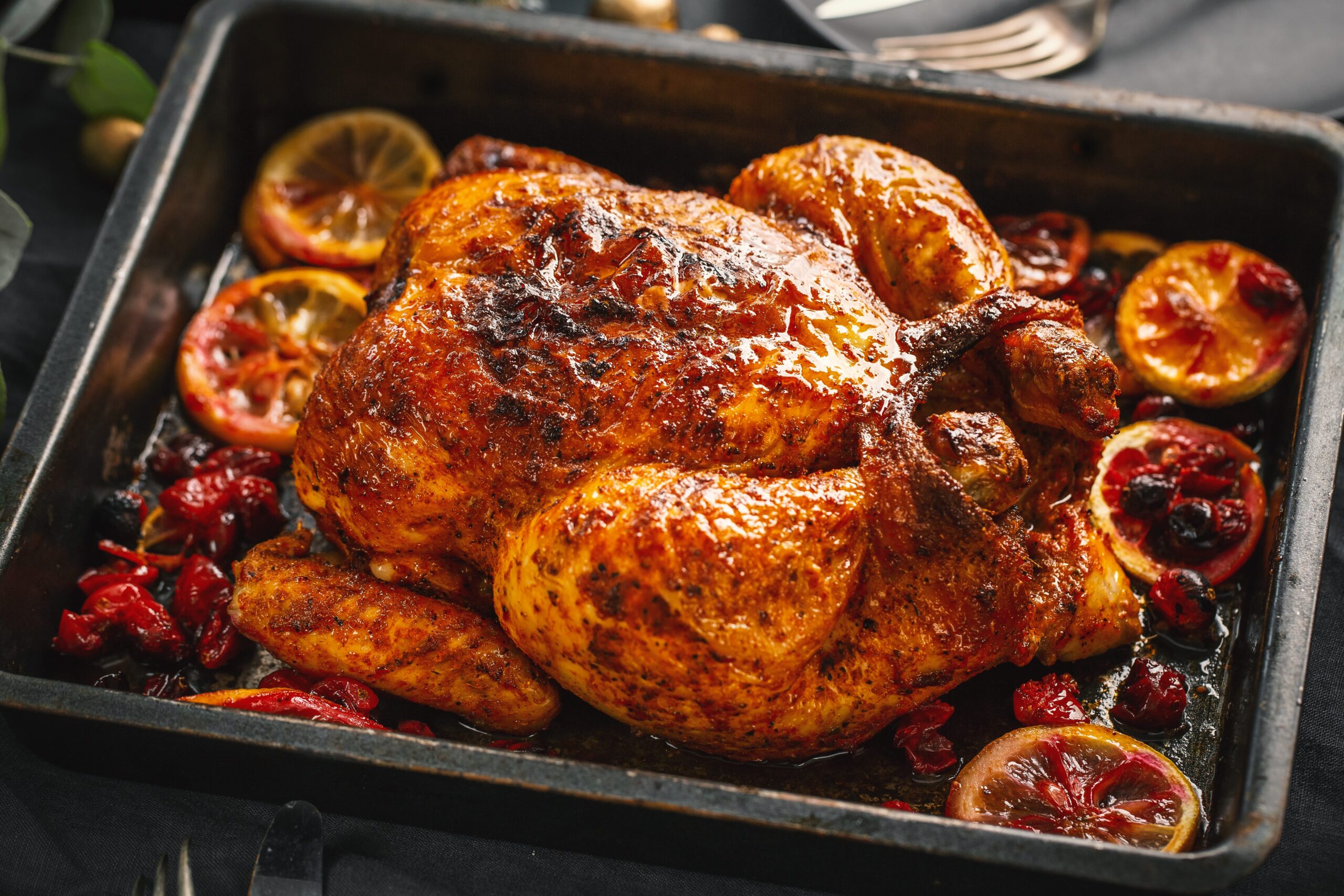 Christmas table setting with chicken